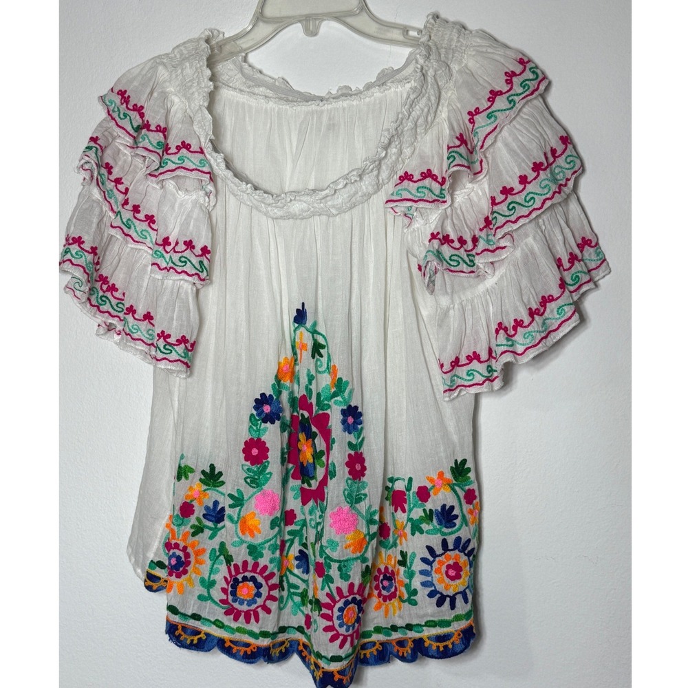 Ruby Yaya Embroidered Blouse‎ Womens Small White Boho Floral Ruffle Sleeve Top